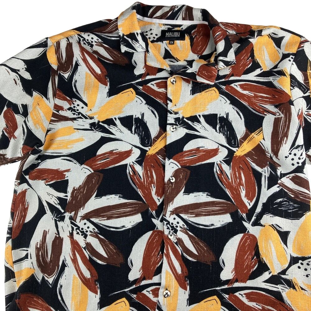 MALIBU By Drill Clothing Co Men’s 2X Hawaiian Floral Shirt Black Yellow Brown